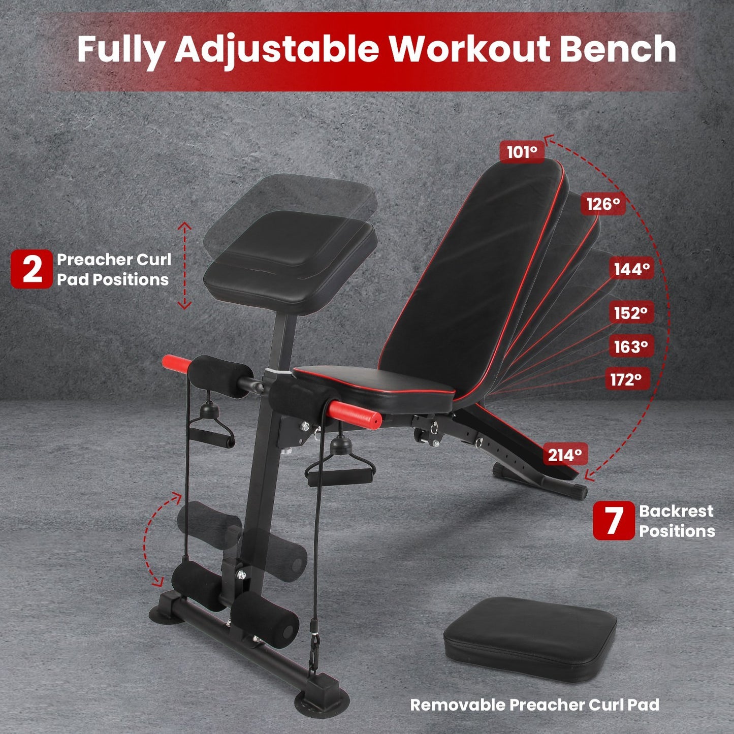 1Pc  Adjustable Weight Bench With Preacher Curl Pad Resistance Bands Leg Extension For Home Gym Full Body Exercise Fedex Shipping