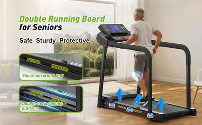 Elderly Rehabilitation Composite Shock-absorbing Treadmill With Extended Handrails And Enlarged Running Platform, Suitable For The Elderly, Load-bearing 300 Pounds, Safety Key, Easy-to-move Wheels