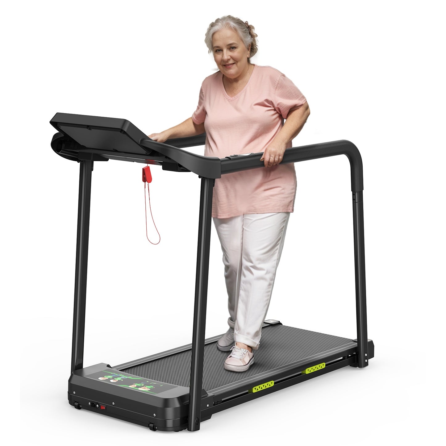 Walking Pad Treadmill For Senior, Foldable Exercise Treadmill With Stable And Safe Structural Design, Large LED Display For Elderly, Long Handrail For Balance, 300 Lbs Capacity