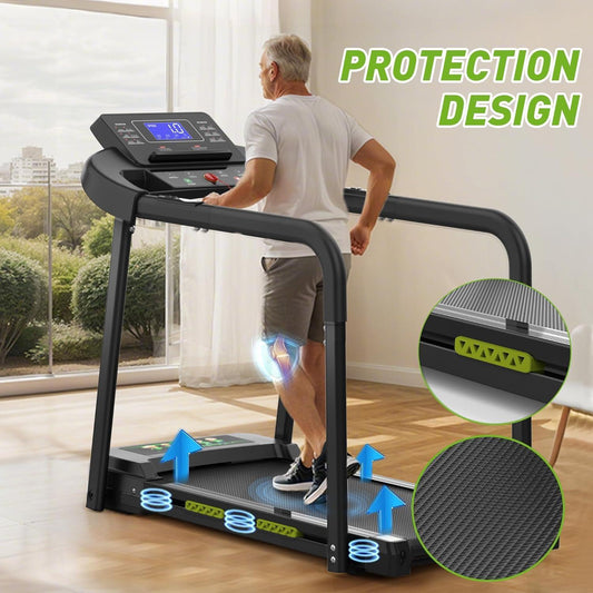 Elderly Rehabilitation Composite Shock-absorbing Treadmill With Extended Handrails And Enlarged Running Platform, Suitable For The Elderly, Load-bearing 300 Pounds, Safety Key, Easy-to-move Wheels