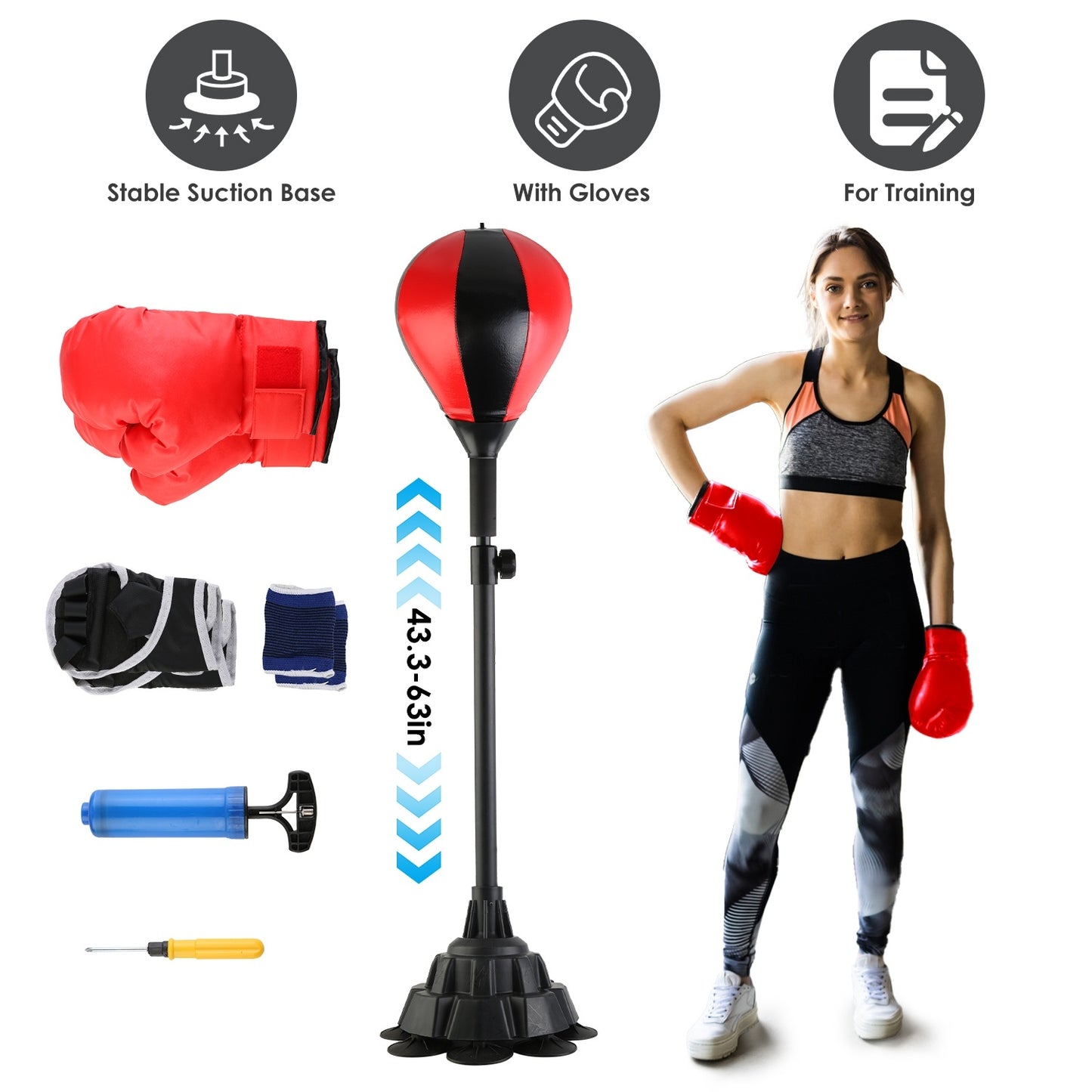 Punching Bag With Stand Free Standing Boxing Ball For Adults 43.3-63in Height Adjustable Boxing Bag With Gloves Wrist Sleeves Stable Suction Base For Fitness Speed Training