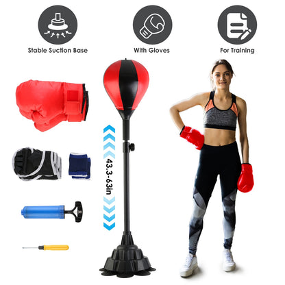 Punching Bag With Stand Free Standing Boxing Ball For Adults 43.3-63in Height Adjustable Boxing Bag With Gloves Wrist Sleeves Stable Suction Base For Fitness Speed Training