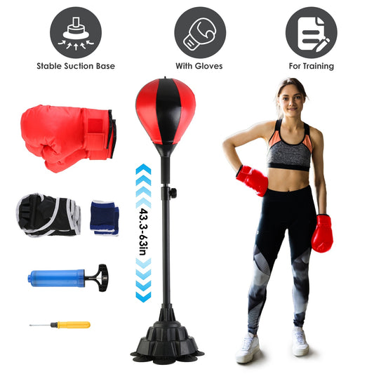 Punching Bag With Stand Free Standing Boxing Ball For Adults 43.3-63in Height Adjustable Boxing Bag With Gloves Wrist Sleeves Stable Suction Base For Fitness Speed Training