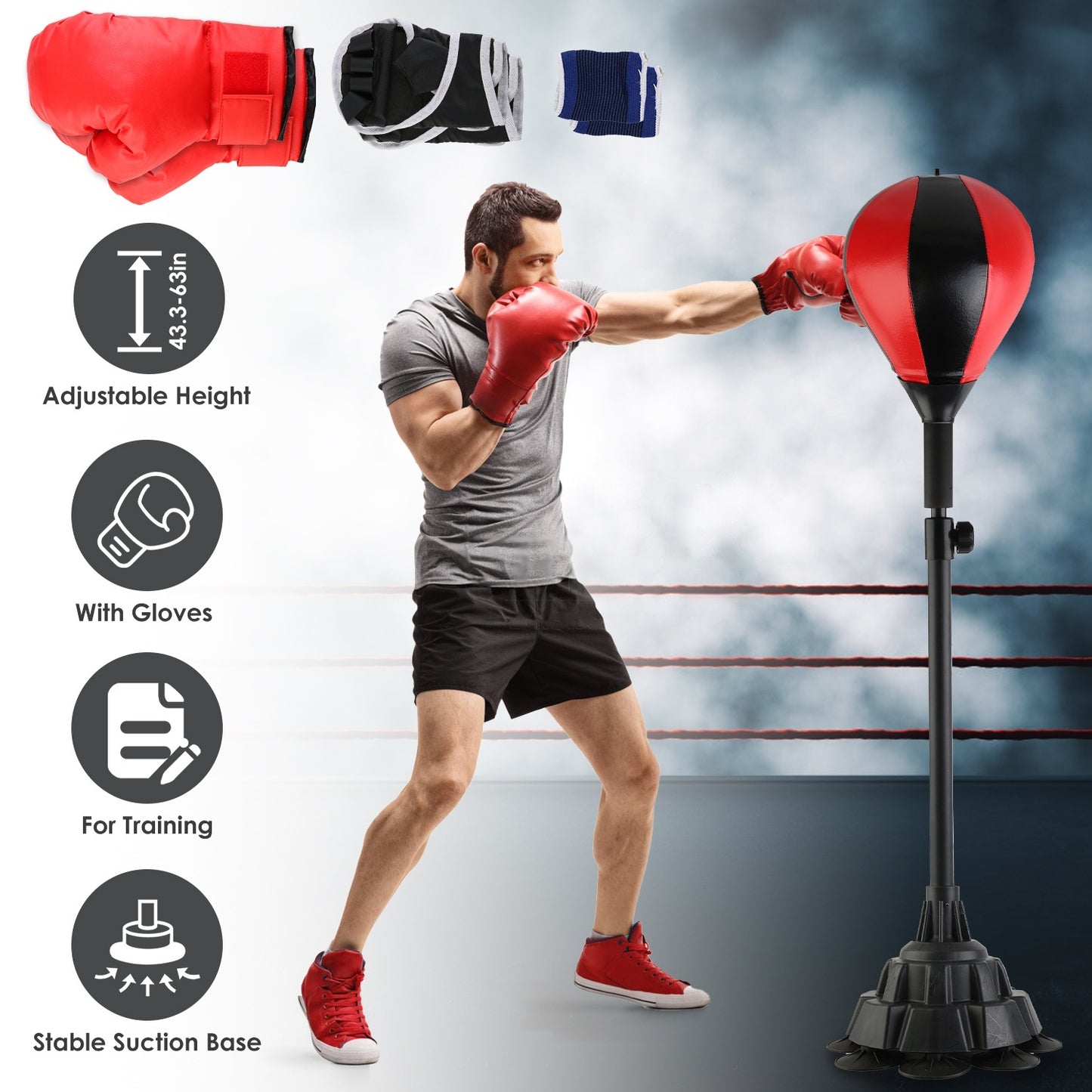 Punching Bag With Stand Free Standing Boxing Ball For Adults 43.3-63in Height Adjustable Boxing Bag With Gloves Wrist Sleeves Stable Suction Base For Fitness Speed Training