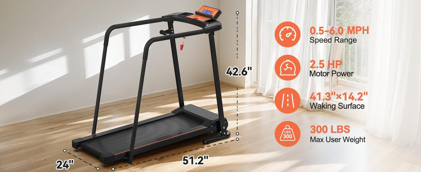 Elderly Rehabilitation Treadmill With Long Armrests LCD Display 300 Lbs Weight Capacity 3 Control Modes Cup Holder 0.5 To 7.5 MPH Speed Safety Key Easy-Move Wheels