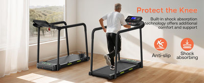 Elderly Rehabilitation Composite Shock-absorbing Treadmill With Extended Handrails And Enlarged Running Platform, Suitable For The Elderly, Load-bearing 300 Pounds, Safety Key, Easy-to-move Wheels