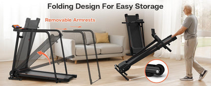 Elderly Rehabilitation Treadmill With Long Armrests LCD Display 300 Lbs Weight Capacity 3 Control Modes Cup Holder 0.5 To 7.5 MPH Speed Safety Key Easy-Move Wheels