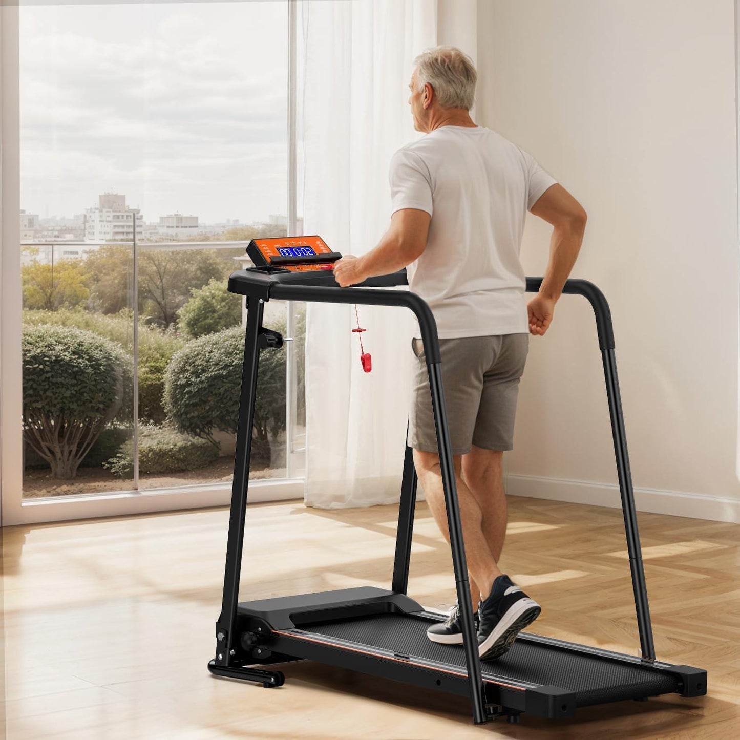 Elderly Rehabilitation Treadmill With Long Armrests LCD Display 300 Lbs Weight Capacity 3 Control Modes Cup Holder 0.5 To 7.5 MPH Speed Safety Key Easy-Move Wheels