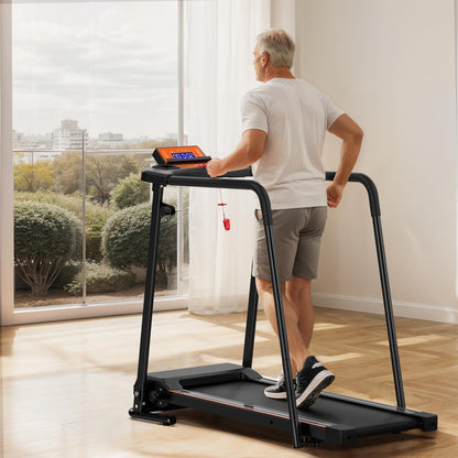 Elderly Rehabilitation Treadmill With Long Armrests LCD Display 300 Lbs Weight Capacity 3 Control Modes Cup Holder 0.5 To 7.5 MPH Speed Safety Key Easy-Move Wheels
