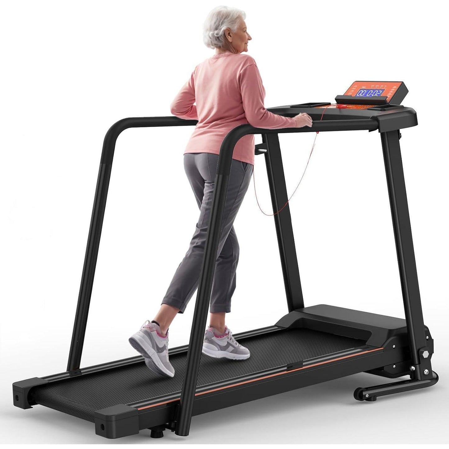 Elderly Rehabilitation Treadmill With Long Armrests LCD Display 300 Lbs Weight Capacity 3 Control Modes Cup Holder 0.5 To 7.5 MPH Speed Safety Key Easy-Move Wheels