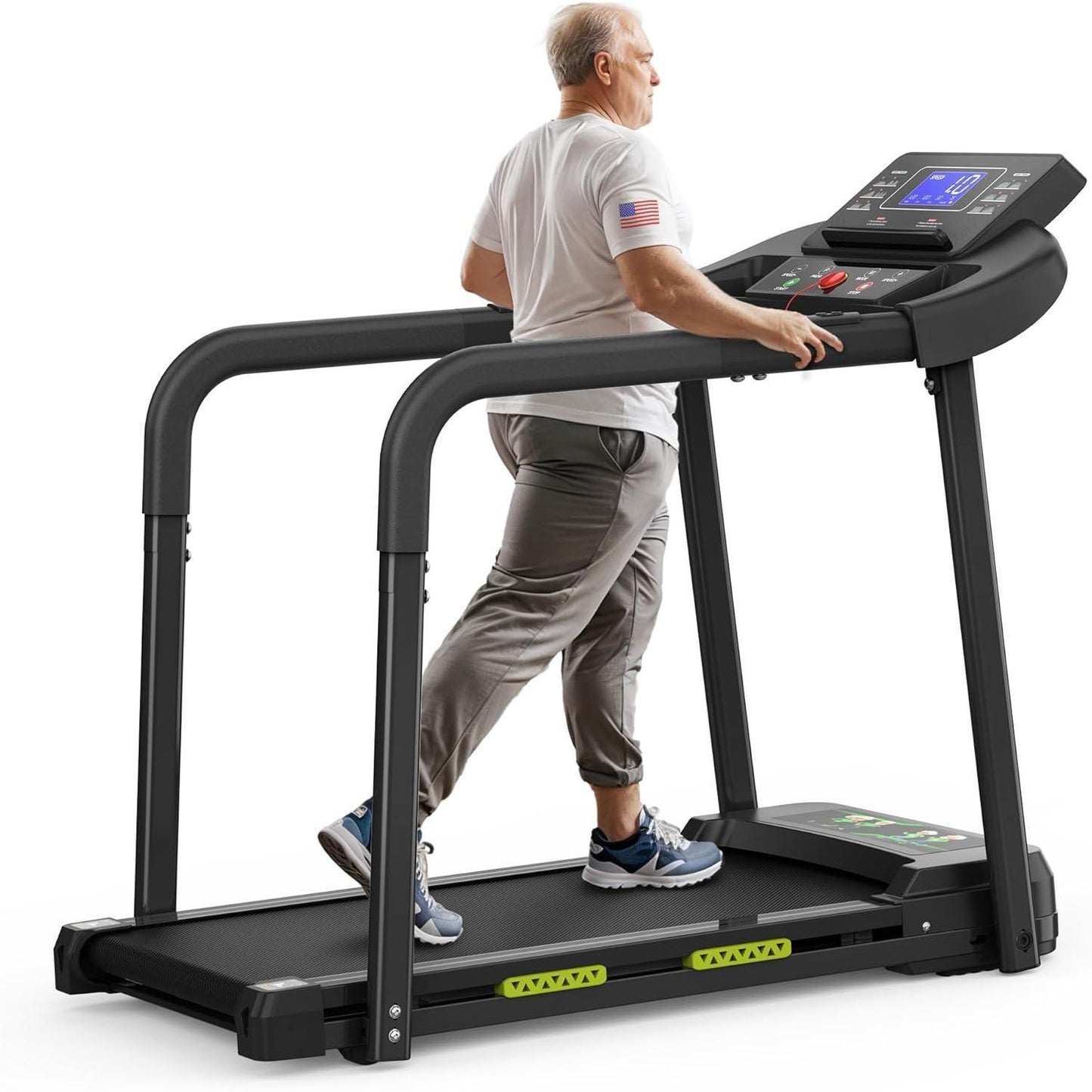 Elderly Rehabilitation Composite Shock-absorbing Treadmill With Extended Handrails And Enlarged Running Platform, Suitable For The Elderly, Load-bearing 300 Pounds, Safety Key, Easy-to-move Wheels