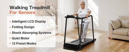 Elderly Rehabilitation Treadmill With Long Armrests LCD Display 300 Lbs Weight Capacity 3 Control Modes Cup Holder 0.5 To 7.5 MPH Speed Safety Key Easy-Move Wheels