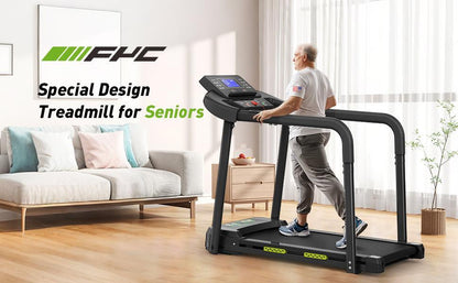 Elderly Rehabilitation Composite Shock-absorbing Treadmill With Extended Handrails And Enlarged Running Platform, Suitable For The Elderly, Load-bearing 300 Pounds, Safety Key, Easy-to-move Wheels